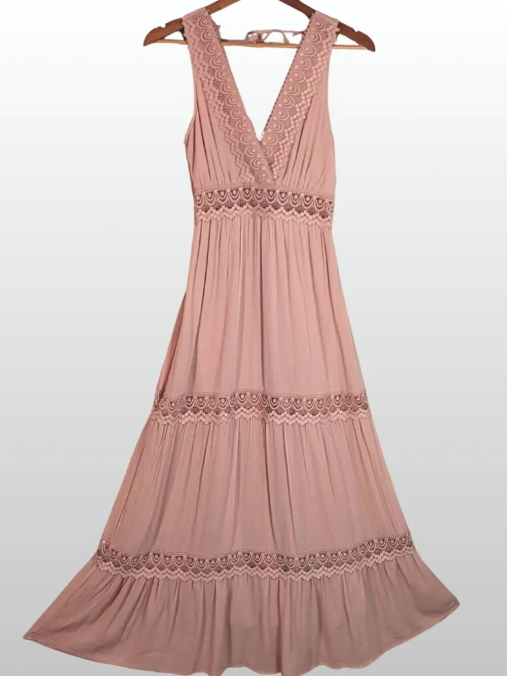 Blush Pink Lace Tiered Maxi Dress S Coquette Romantic Prairie Fairycore NWOT - Picture 3 of 11